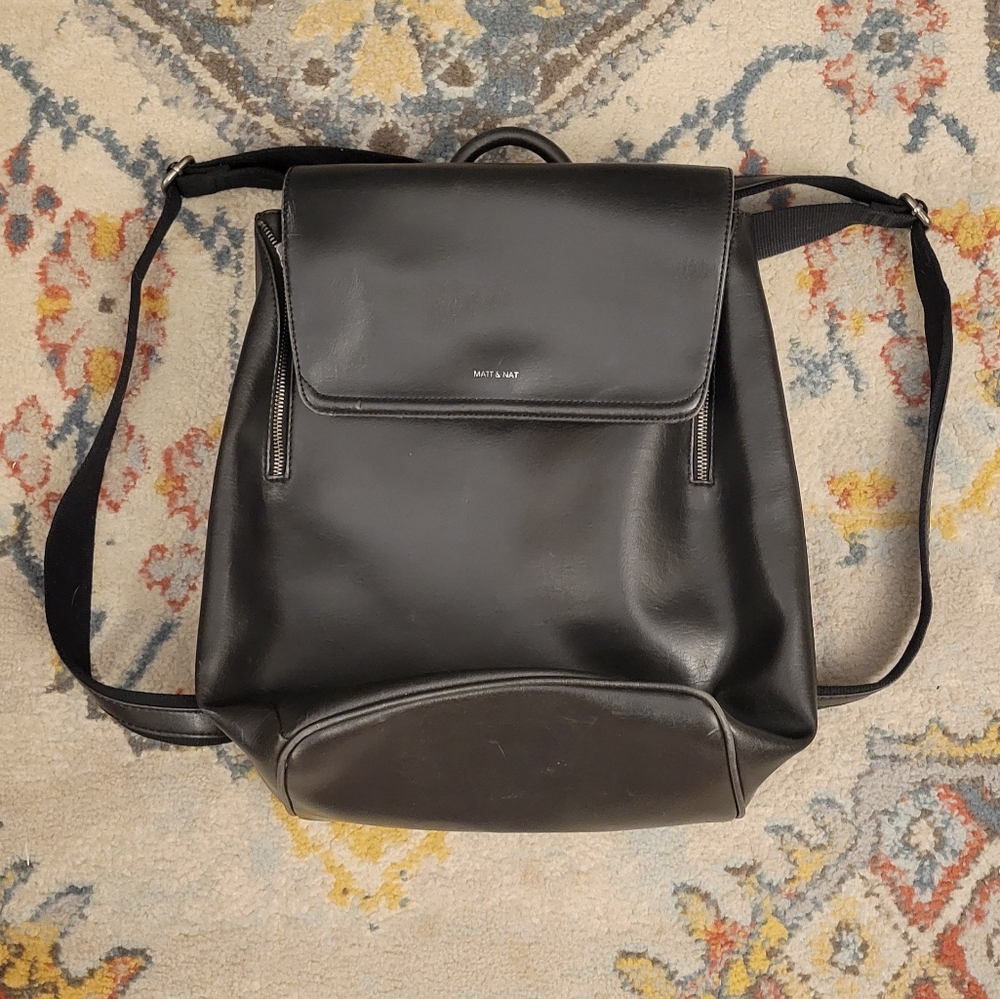 Matt & Nat Fabi Vegan Leather Backpack Lap Top Bag Black Adjustable Straps $198